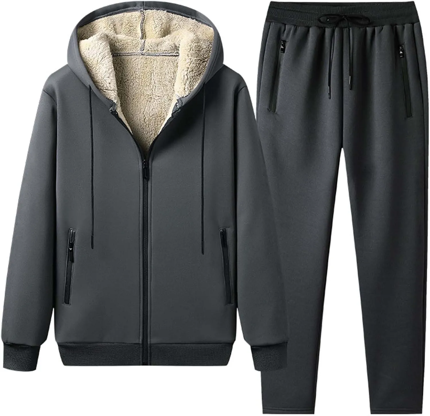 Mens Fleece Lined Sherpa Hoodie Set Sweatshirt and Jogger Pants Outfit Winter Warmth Soft Breathable Cozy Loungewear
