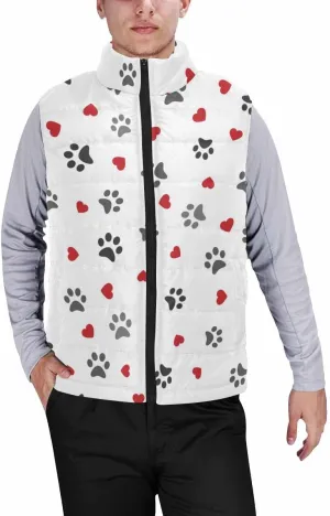 Mens Fleece Vest Dog Paw Hearts Pattern Men Outdoor Casual Stand Collar Padded Vest Coat Thick Sleeveless Jacket