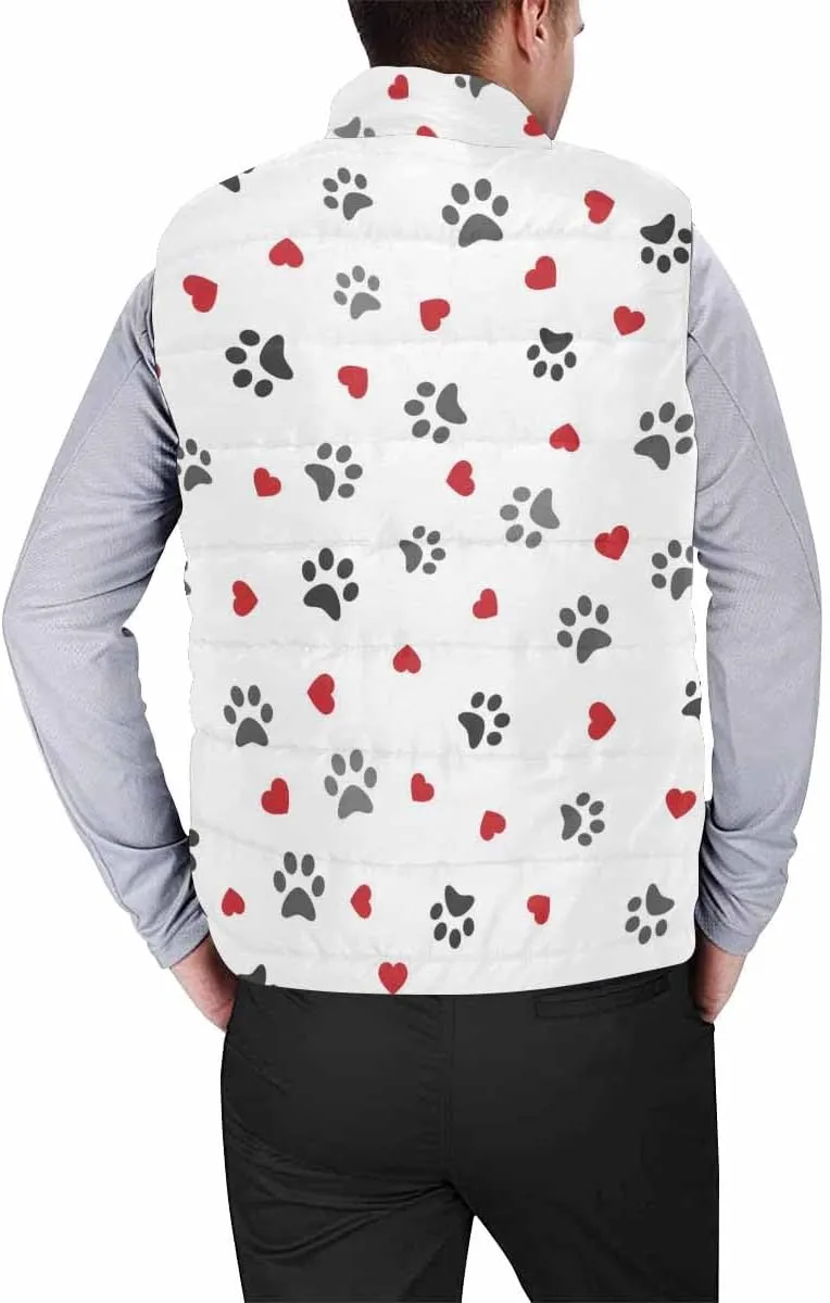 Mens Fleece Vest Dog Paw Hearts Pattern Men Outdoor Casual Stand Collar Padded Vest Coat Thick Sleeveless Jacket