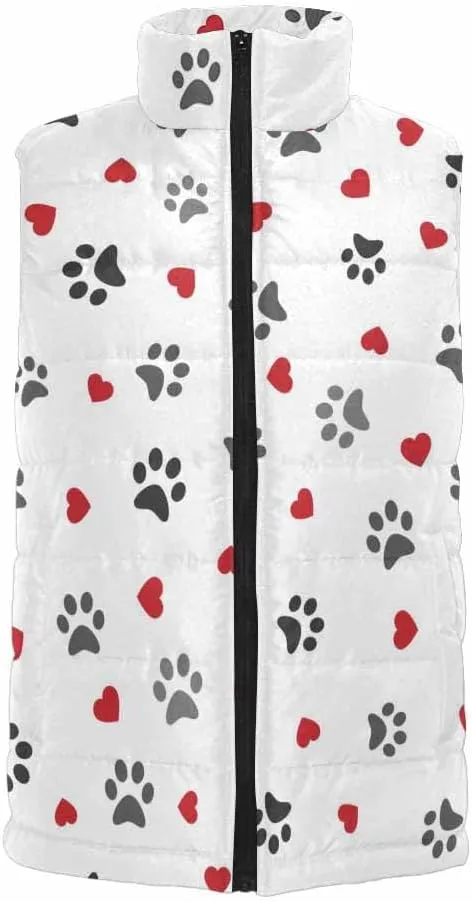 Mens Fleece Vest Dog Paw Hearts Pattern Men Outdoor Casual Stand Collar Padded Vest Coat Thick Sleeveless Jacket