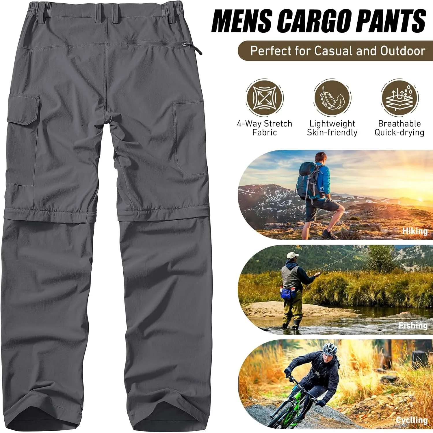 Men's Hiking Convertible Work Pants Cargo Zip Off Lightweight Quick Dry Stretch Pants Summer Fishing Travel Outdoor