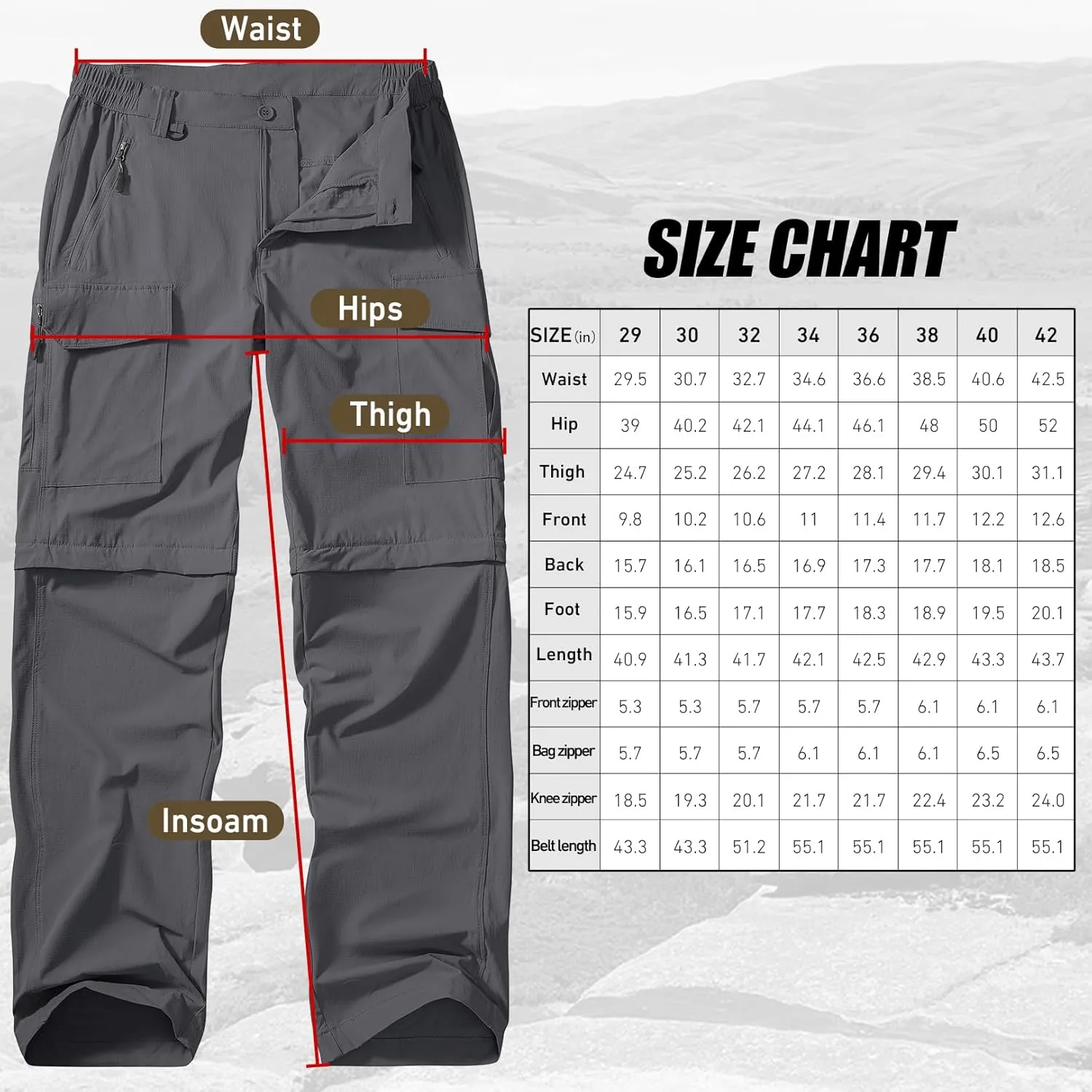 Men's Hiking Convertible Work Pants Cargo Zip Off Lightweight Quick Dry Stretch Pants Summer Fishing Travel Outdoor