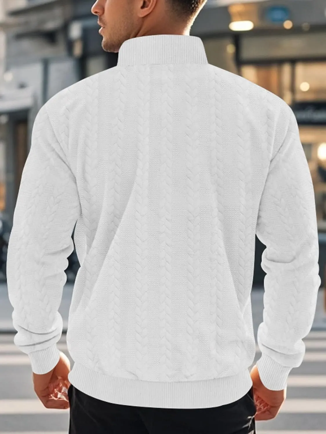 Mens Quarter Zip Pullover Quilted Sweatshirt Knit Long Sleeve Mock Neck Sweater Polo Shirt