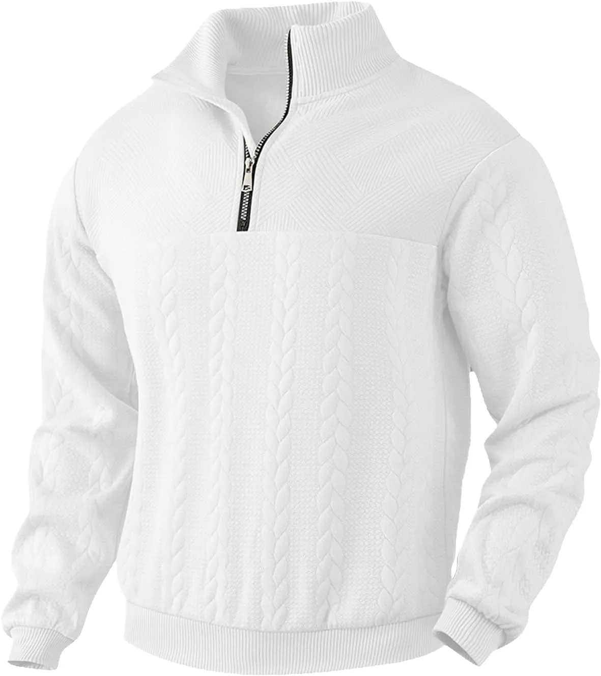 Mens Quarter Zip Pullover Quilted Sweatshirt Knit Long Sleeve Mock Neck Sweater Polo Shirt