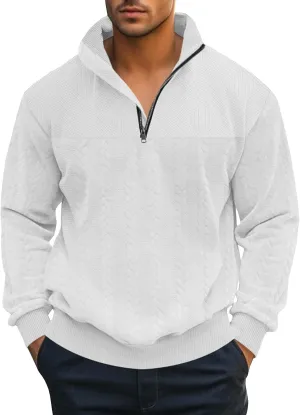 Mens Quarter Zip Pullover Quilted Sweatshirt Knit Long Sleeve Mock Neck Sweater Polo Shirt