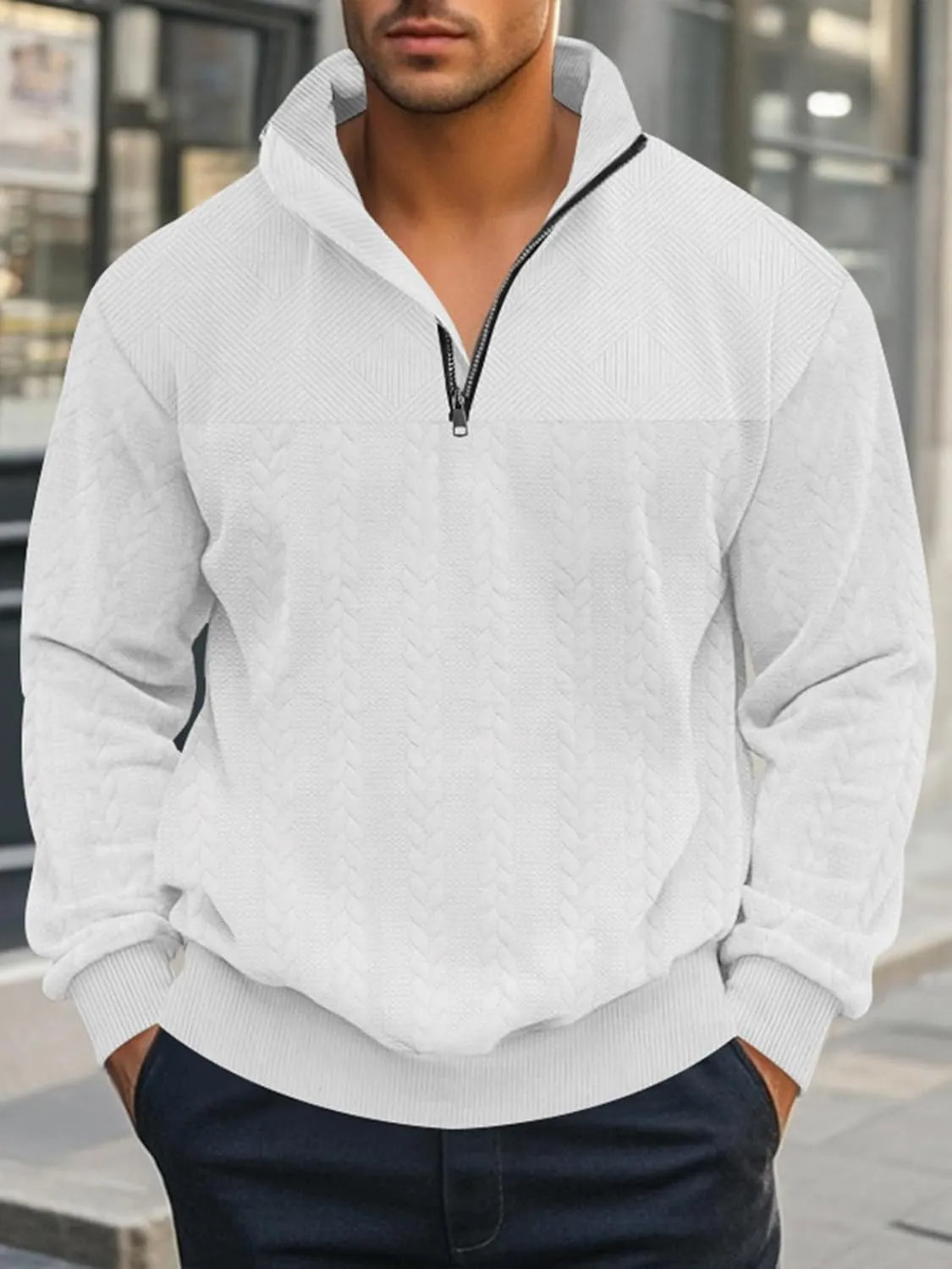 Mens Quarter Zip Pullover Quilted Sweatshirt Knit Long Sleeve Mock Neck Sweater Polo Shirt