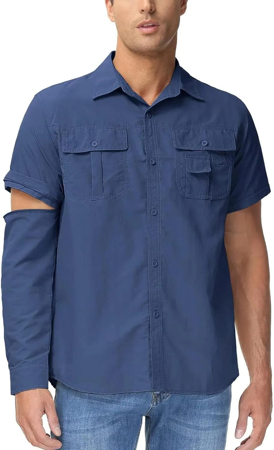 Men's Quick Dry Removable Sleeve Shirts Hiking Cargo Shirt Breathable Outdoor Camping Fishing Running Tops