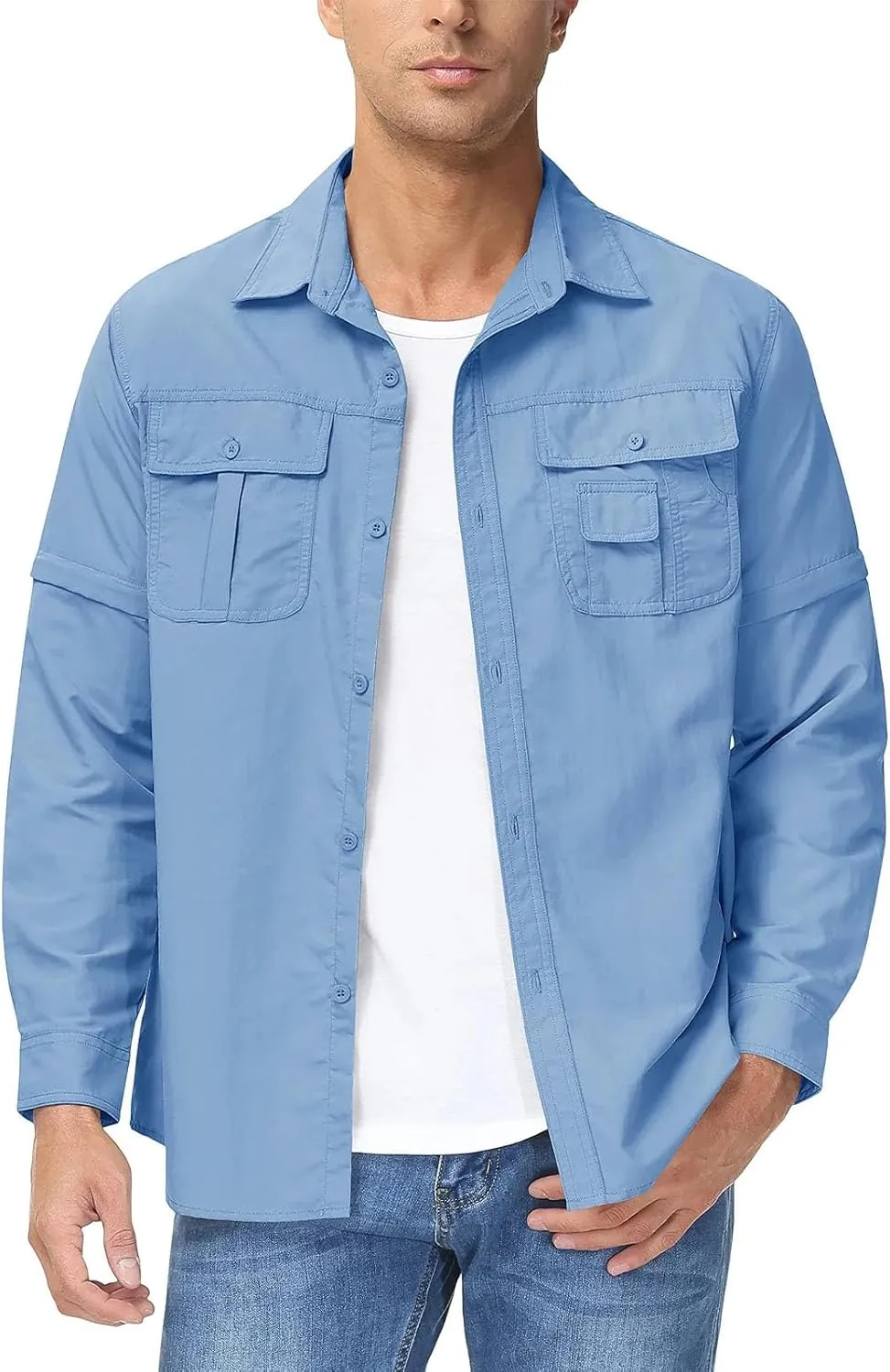 Men's Quick Dry Removable Sleeve Shirts Hiking Cargo Shirt Breathable Outdoor Camping Fishing Running Tops