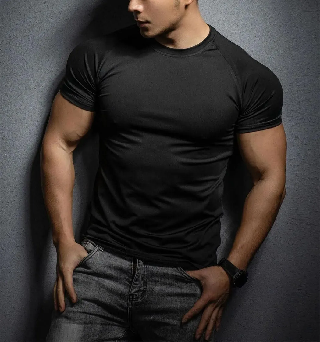 Men's Quick-Dry Sports T-Shirt Elastic Running Gym Top for Training Breathable Short Sleeve Workout Tee