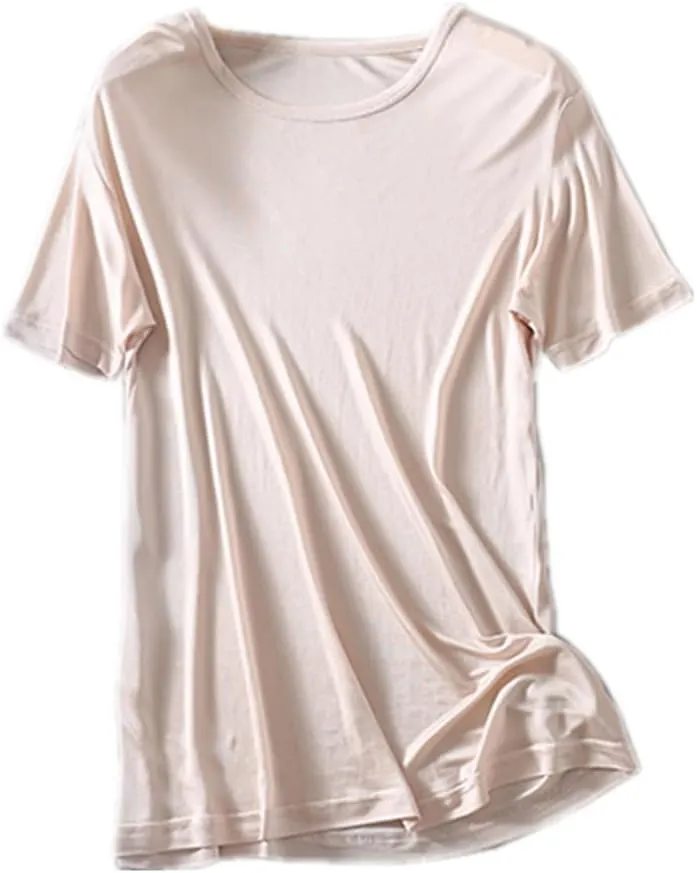Mens Silk T Shirt Short Sleeve Crew Neck Top Undershirt Breathable Mulberry Silk Tee Tops