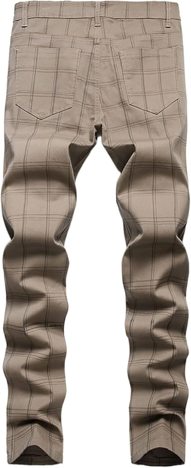 Mens Stretch Slim Fit Plaid Dress Pants,Mens Casual Black Flat-Front Skinny Comfy Business Chino Pants with Pocket