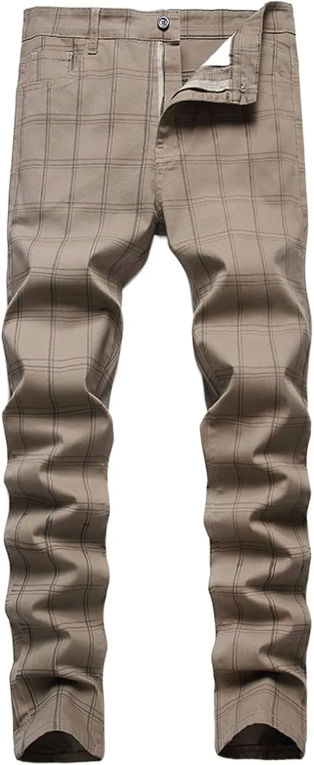 Mens Stretch Slim Fit Plaid Dress Pants,Mens Casual Black Flat-Front Skinny Comfy Business Chino Pants with Pocket