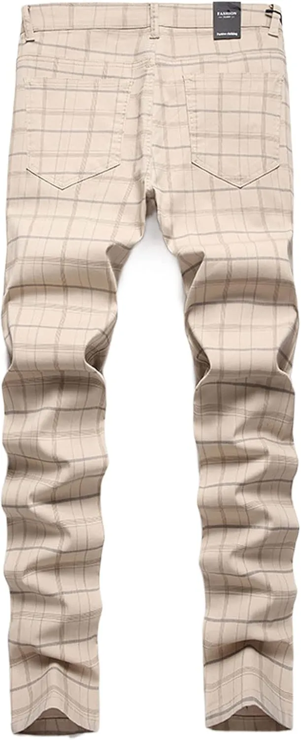 Mens Stretch Slim Fit Plaid Dress Pants,Mens Casual Black Flat-Front Skinny Comfy Business Chino Pants with Pocket