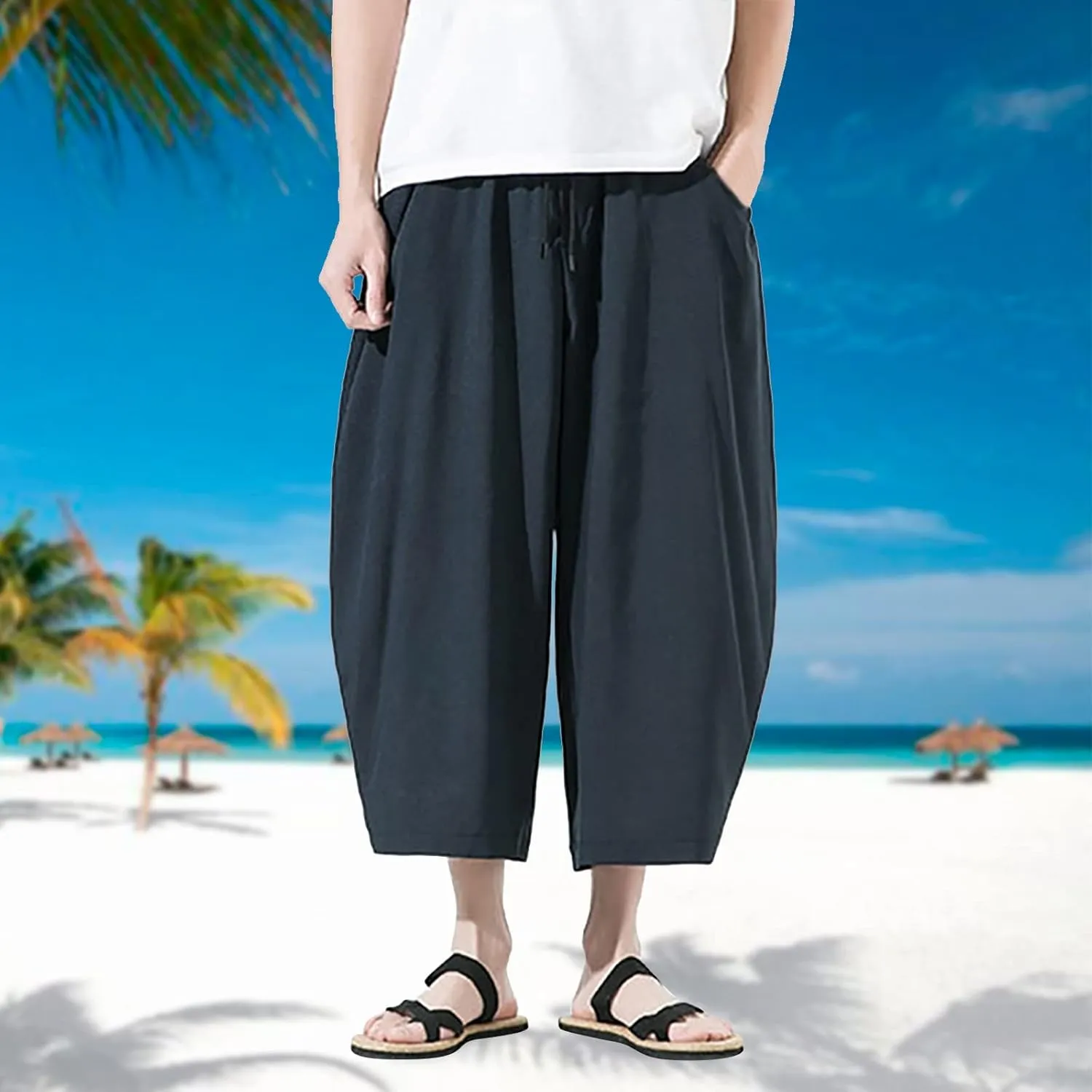 Mens Summer Ice Silk Capri Harem Pants with Drawstring Wide Leg Loose Slacks Breathable Beach Yoga Hippie Casual Trousers