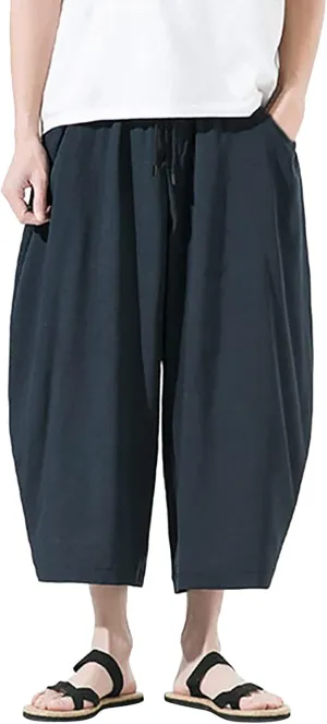 Mens Summer Ice Silk Capri Harem Pants with Drawstring Wide Leg Loose Slacks Breathable Beach Yoga Hippie Casual Trousers