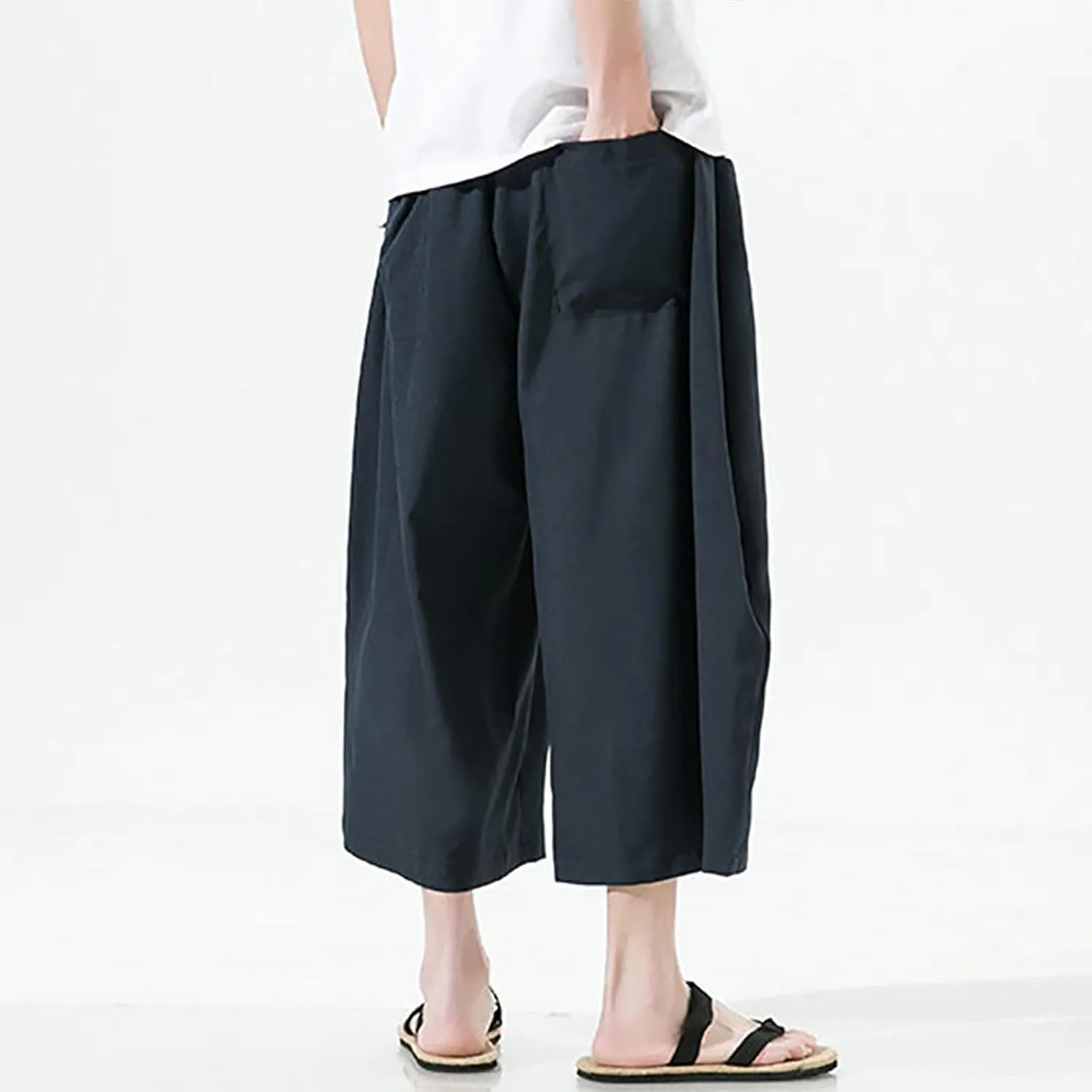 Mens Summer Ice Silk Capri Harem Pants with Drawstring Wide Leg Loose Slacks Breathable Beach Yoga Hippie Casual Trousers