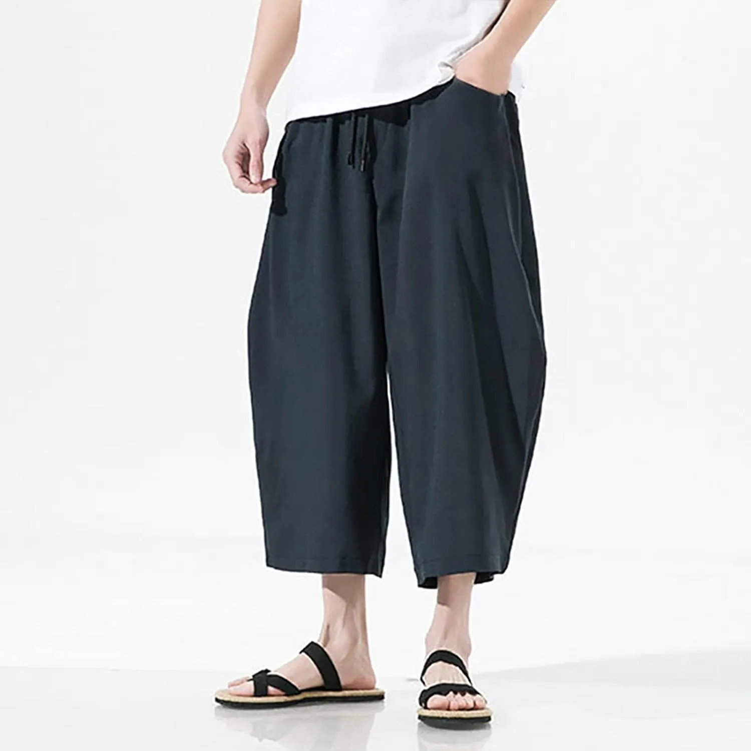 Mens Summer Ice Silk Capri Harem Pants with Drawstring Wide Leg Loose Slacks Breathable Beach Yoga Hippie Casual Trousers