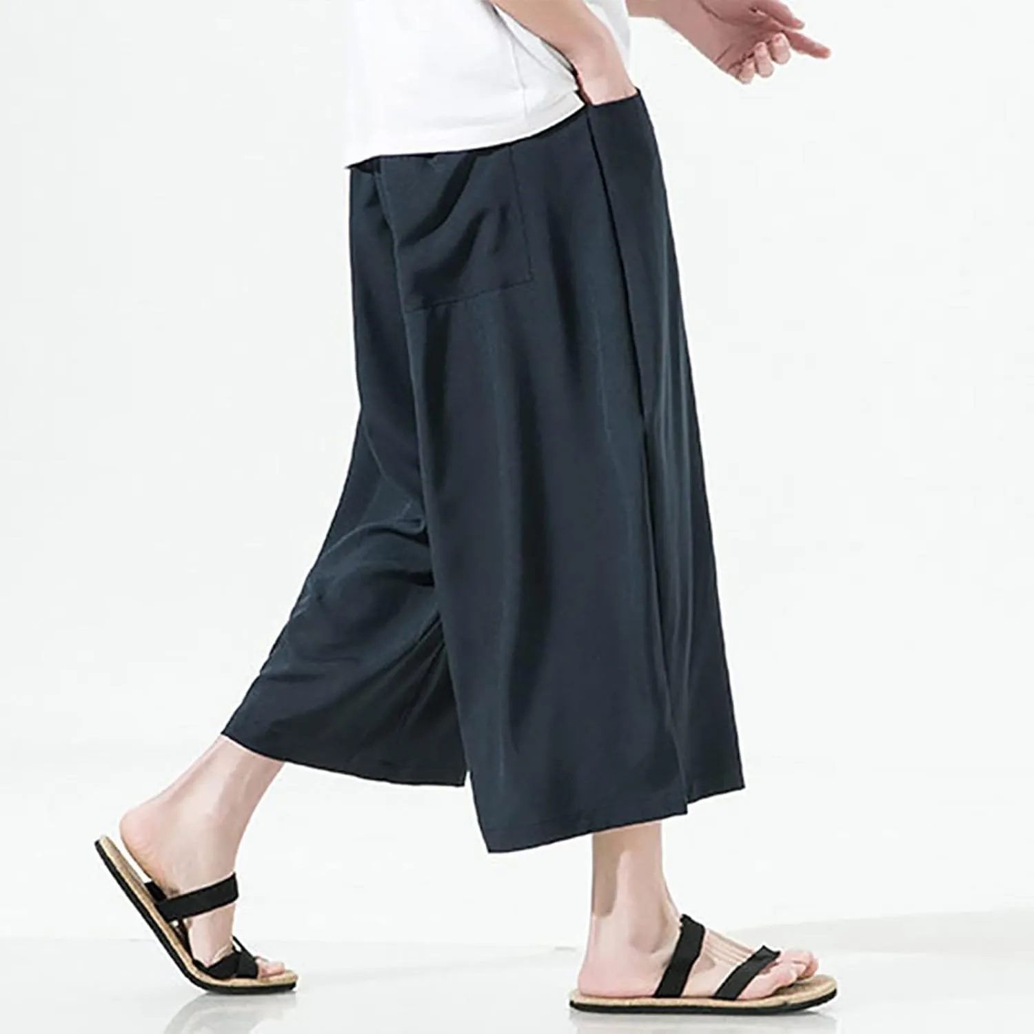 Mens Summer Ice Silk Capri Harem Pants with Drawstring Wide Leg Loose Slacks Breathable Beach Yoga Hippie Casual Trousers