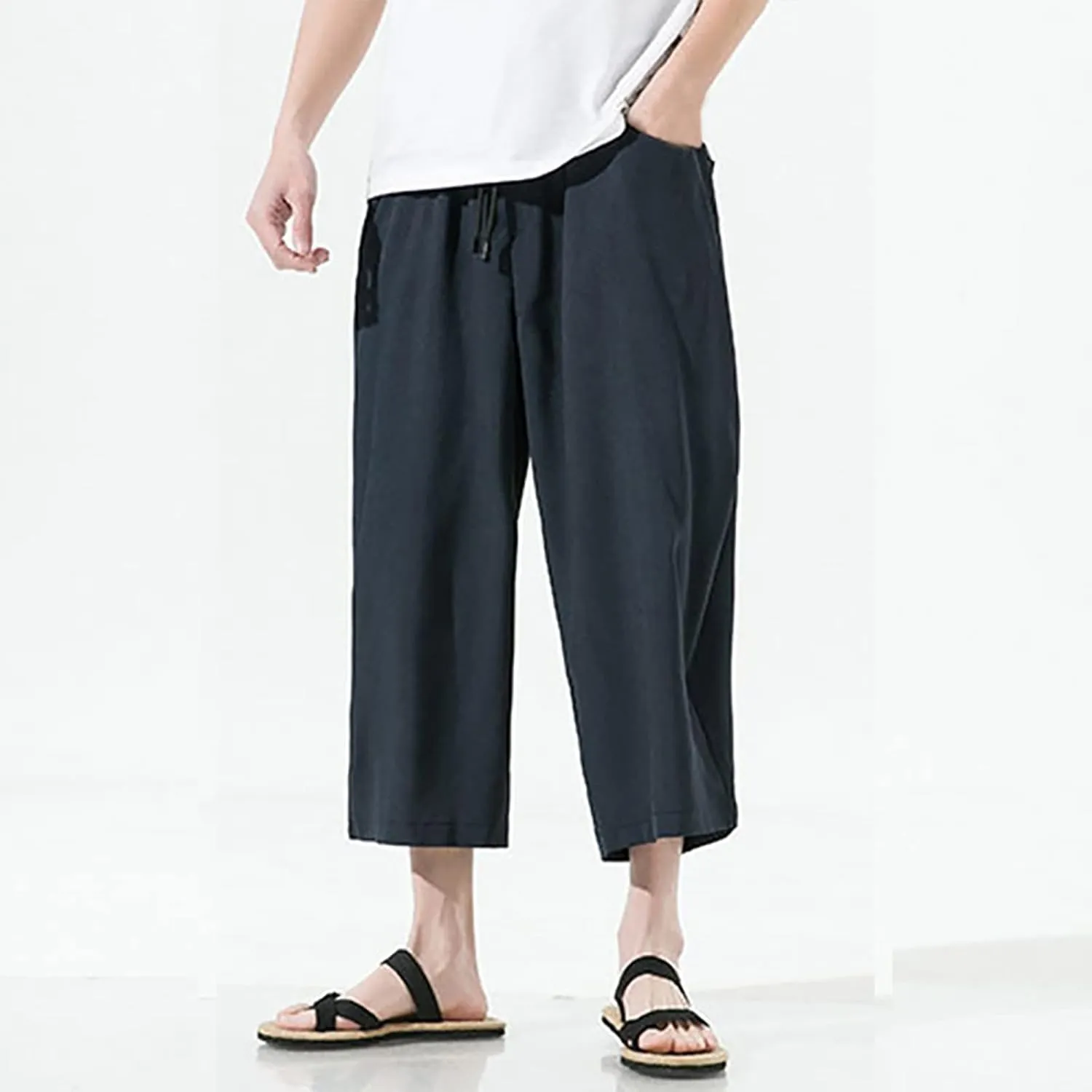 Mens Summer Ice Silk Capri Harem Pants with Drawstring Wide Leg Loose Slacks Breathable Beach Yoga Hippie Casual Trousers