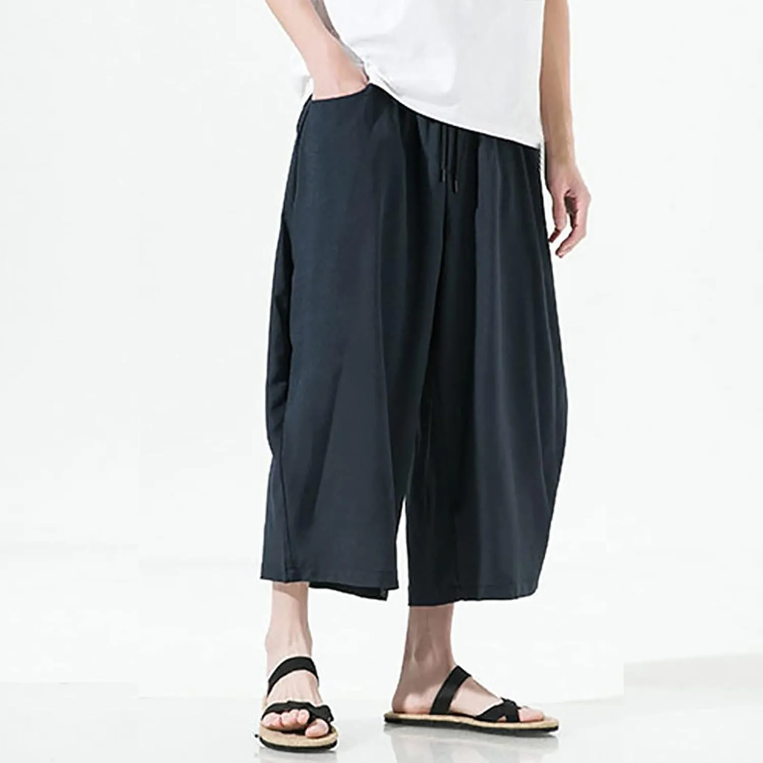 Mens Summer Ice Silk Capri Harem Pants with Drawstring Wide Leg Loose Slacks Breathable Beach Yoga Hippie Casual Trousers