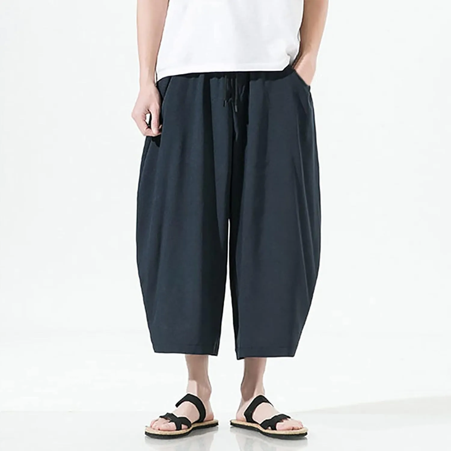 Mens Summer Ice Silk Capri Harem Pants with Drawstring Wide Leg Loose Slacks Breathable Beach Yoga Hippie Casual Trousers