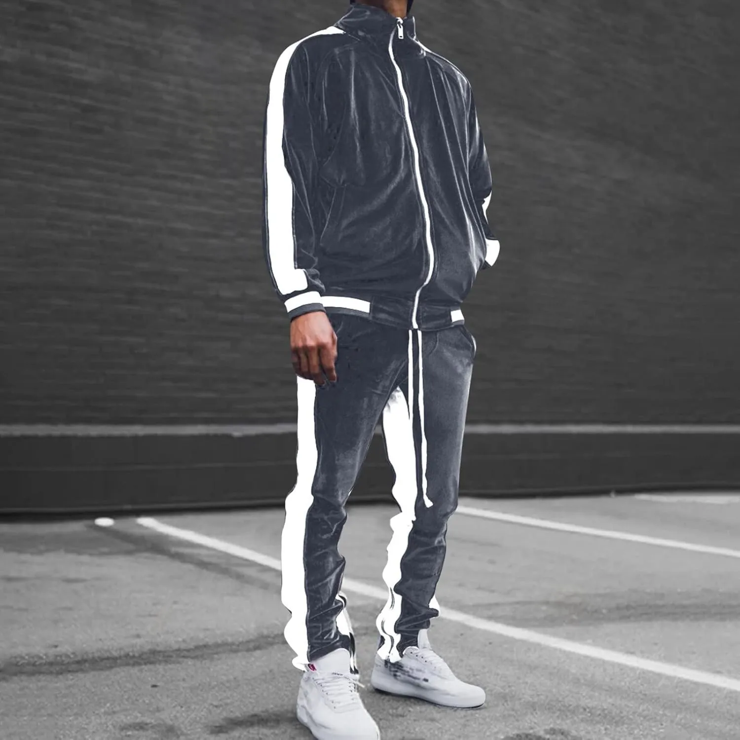 Men's Velour Tracksuits Winter Warm Full Zip Sweatsuit Sets Long Sleeve Color Block Casual Sportswear Suit Comfy