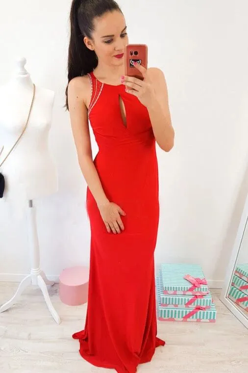 Mermaid Crew Open Back Floor-Length Red Prom Dress with Keyhole PFP1631