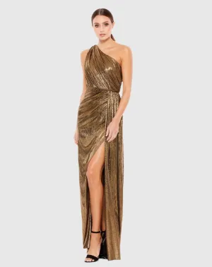 Metallic draped one shoulder Grecian dress - Antique gold
