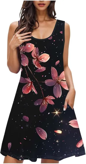 Midi Dresses for Women Summer Boho Floral Print Sleeveless Tank Dresses A-Line Casual Sundress Beach Cover Ups
