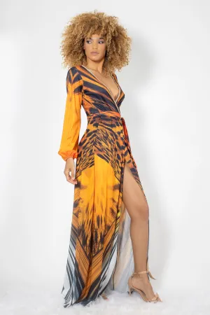 Mimi Orange Leopard Spandex with Gold Crystals Long Dress