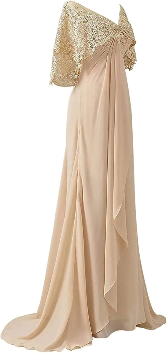NABN Mother of The Bride Dresses with Lace Cape Long Chiffon A-line Elegant Formal Evening Gowns