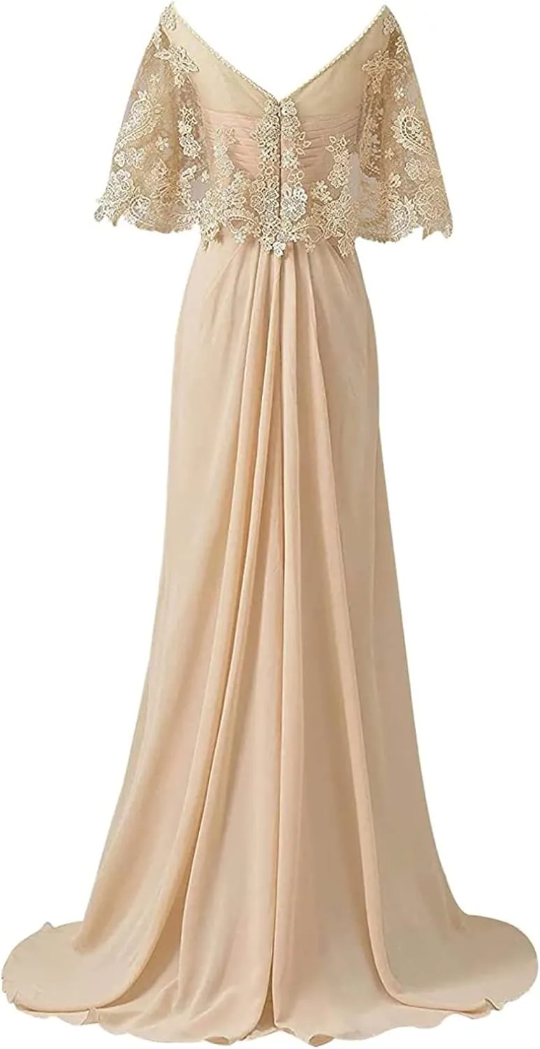 NABN Mother of The Bride Dresses with Lace Cape Long Chiffon A-line Elegant Formal Evening Gowns