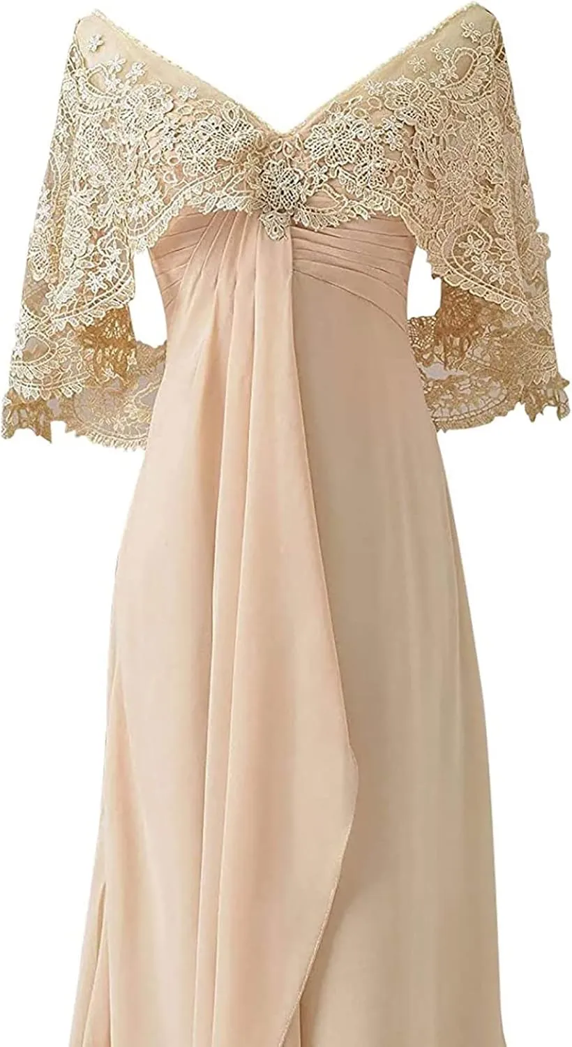 NABN Mother of The Bride Dresses with Lace Cape Long Chiffon A-line Elegant Formal Evening Gowns