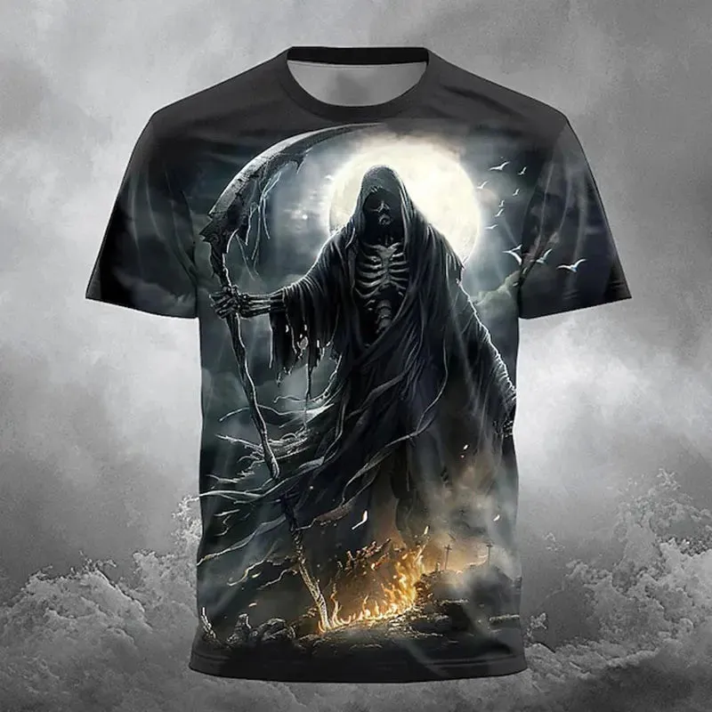 New Retro Halloween Pattern Printed Short-sleeved Fashionable Versatile Round Neck T-shirt Tops Men's Street Fun Holiday Costume
