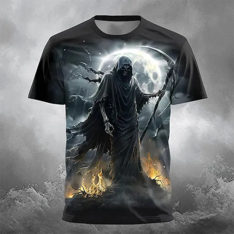 New Retro Halloween Pattern Printed Short-sleeved Fashionable Versatile Round Neck T-shirt Tops Men's Street Fun Holiday Costume