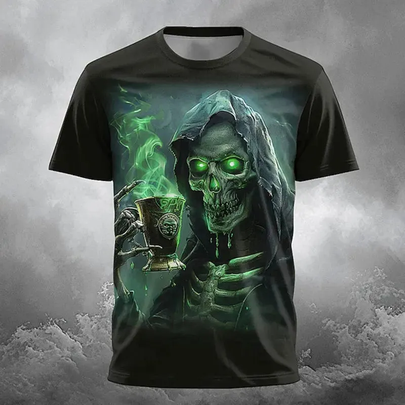 New Retro Halloween Pattern Printed Short-sleeved Fashionable Versatile Round Neck T-shirt Tops Men's Street Fun Holiday Costume