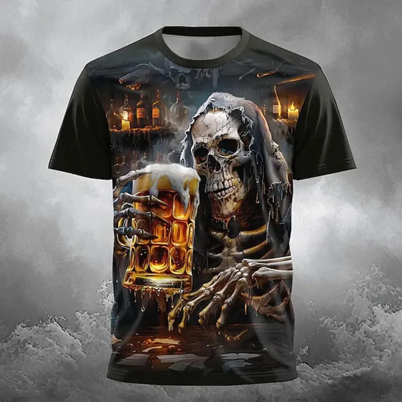 New Retro Halloween Pattern Printed Short-sleeved Fashionable Versatile Round Neck T-shirt Tops Men's Street Fun Holiday Costume
