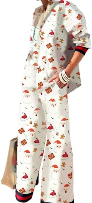 NUFIWI Women Casual Graffiti Floral 2 Pieces Pants Set Long Sleeve Buttons Shirt Wide Leg Pants Boho Colorful Loungewear Suit