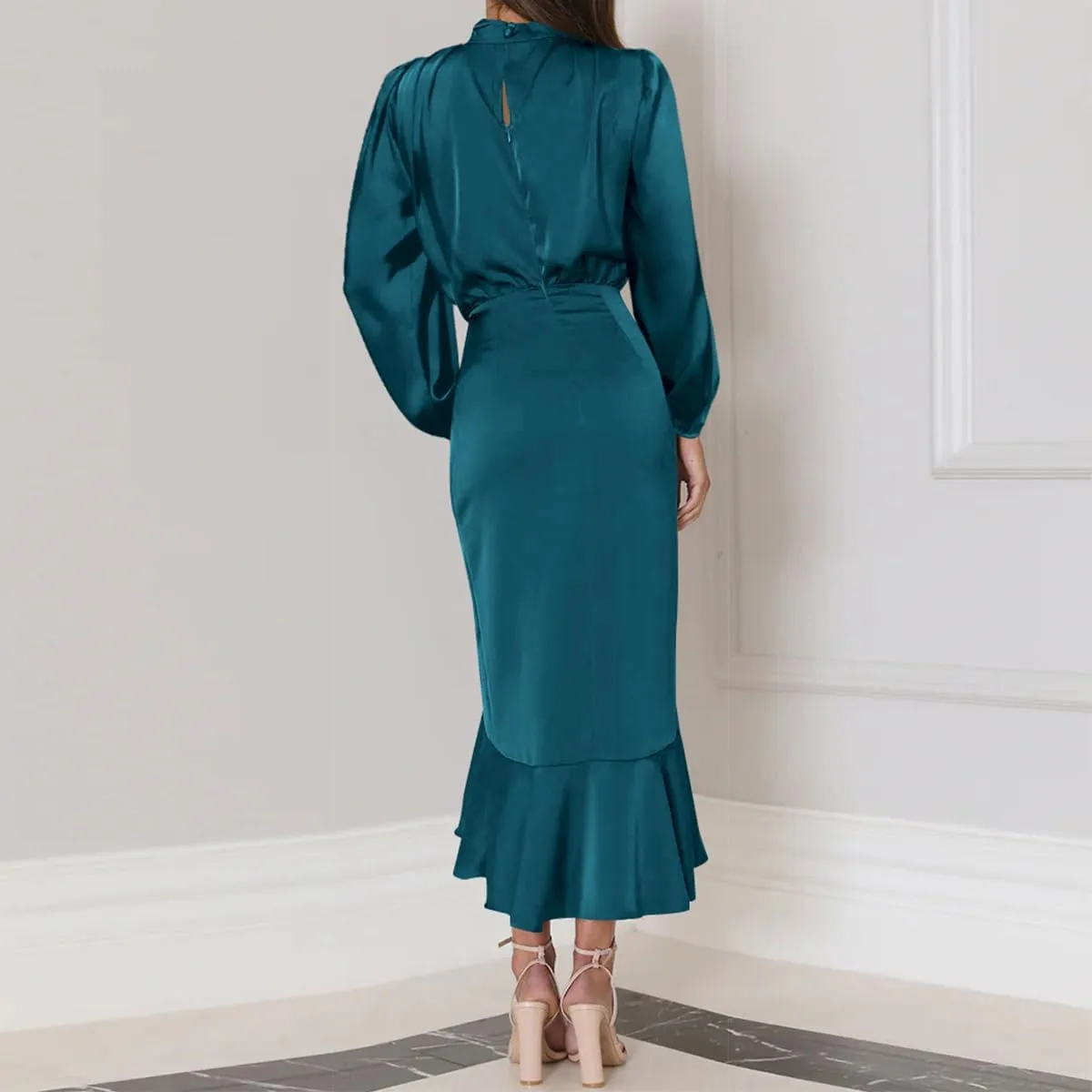 ODIZLI Women Mock Neck Satin Dresses Cocktail Dress Elegant Long Sleeve Ruffle Wrap Fall Dresses