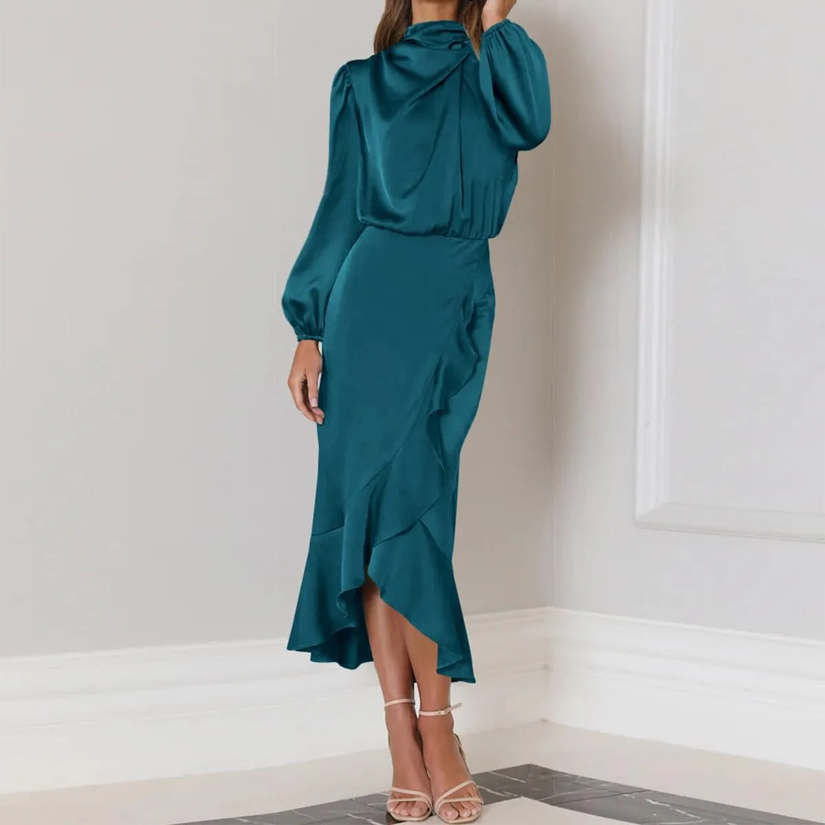 ODIZLI Women Mock Neck Satin Dresses Cocktail Dress Elegant Long Sleeve Ruffle Wrap Fall Dresses