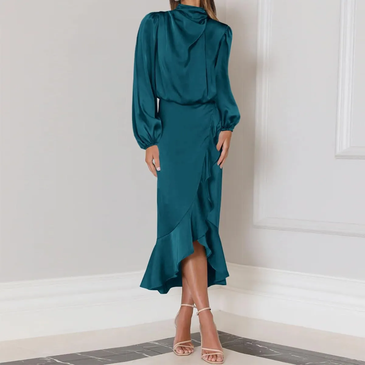 ODIZLI Women Mock Neck Satin Dresses Cocktail Dress Elegant Long Sleeve Ruffle Wrap Fall Dresses
