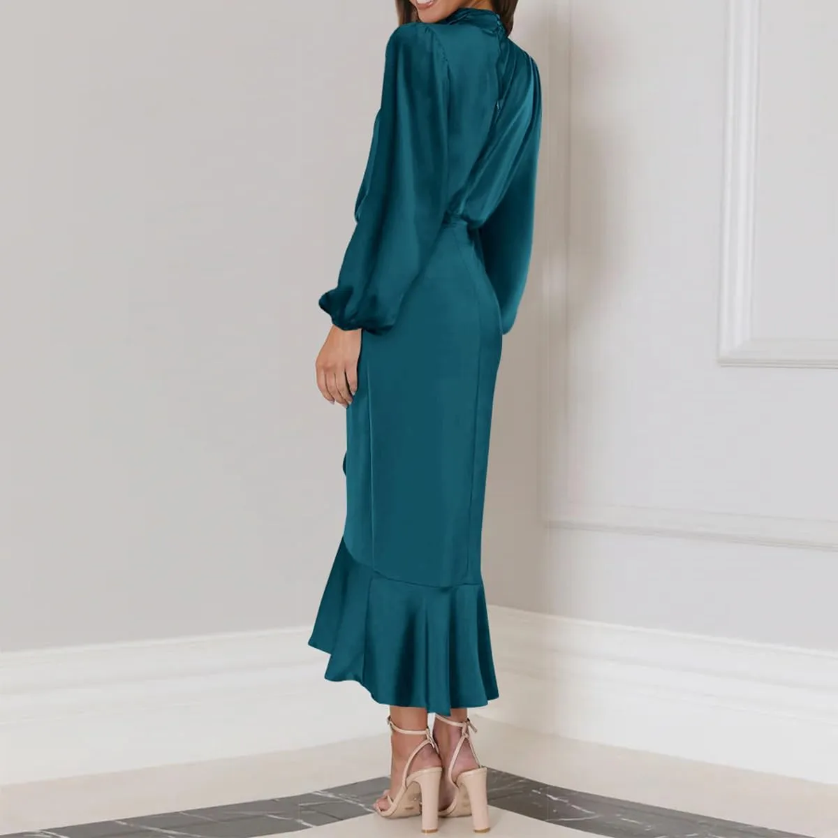 ODIZLI Women Mock Neck Satin Dresses Cocktail Dress Elegant Long Sleeve Ruffle Wrap Fall Dresses