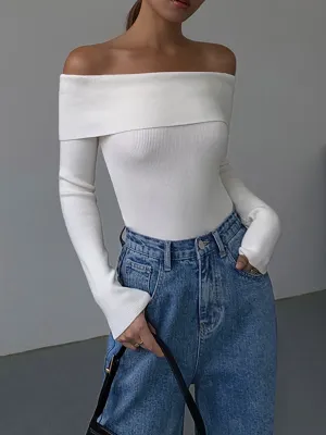 Off Shoulder Overfold Trendy Long Sleeve Knit Top