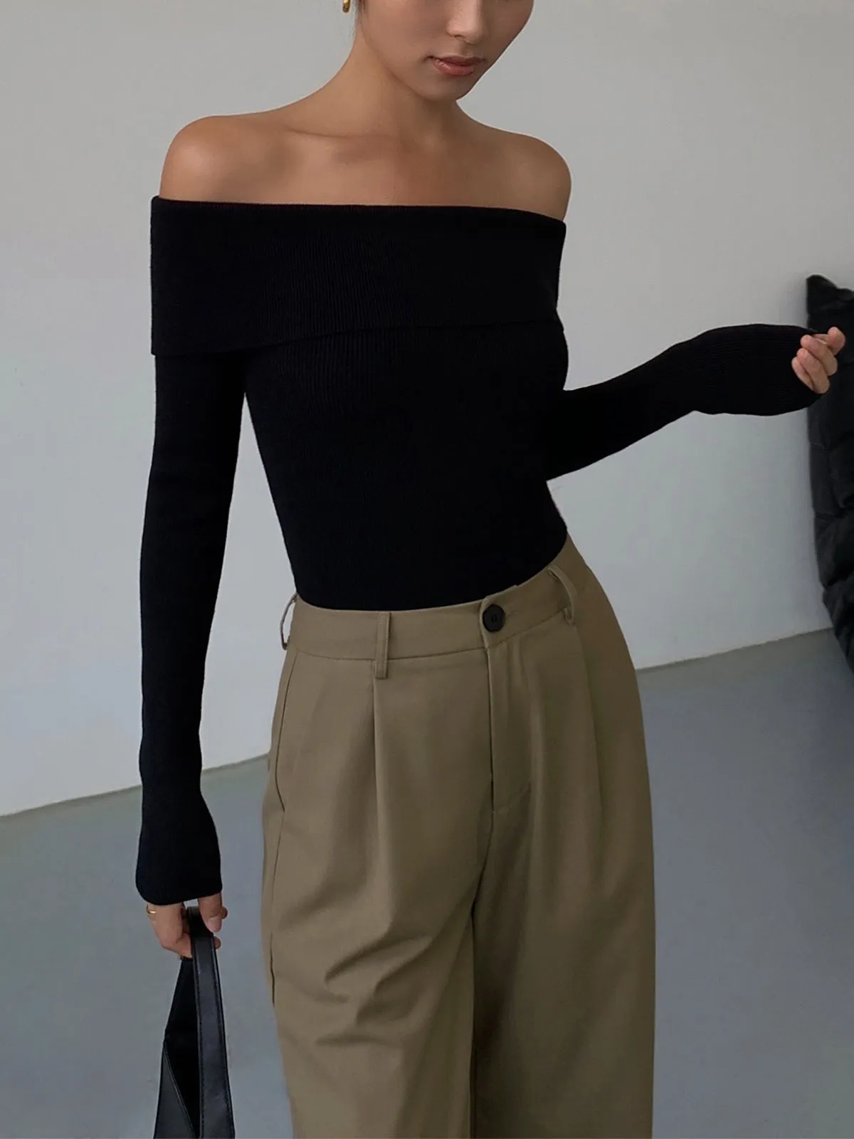 Off Shoulder Overfold Trendy Long Sleeve Knit Top