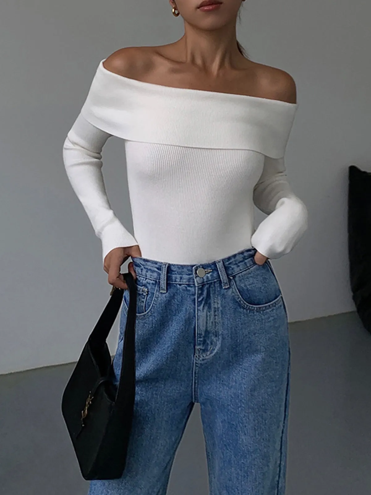 Off Shoulder Overfold Trendy Long Sleeve Knit Top