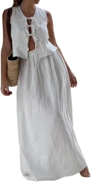 Old Money Two Piece Set - Boho Maxi Skirt & Linen Vest for Women Summer Going Out