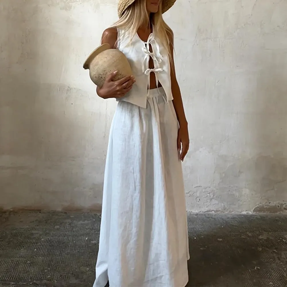 Old Money Two Piece Set - Boho Maxi Skirt & Linen Vest for Women Summer Going Out