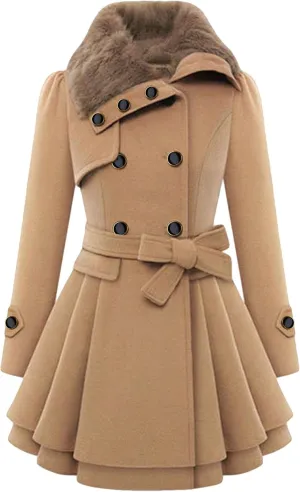 OMZIN Women's Long Shaggy Belted Pea Coat Slim Faux Fur Collar Coat Bridal Jacket with Belt
