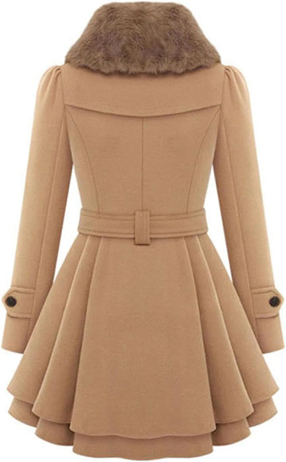 OMZIN Women's Long Shaggy Belted Pea Coat Slim Faux Fur Collar Coat Bridal Jacket with Belt