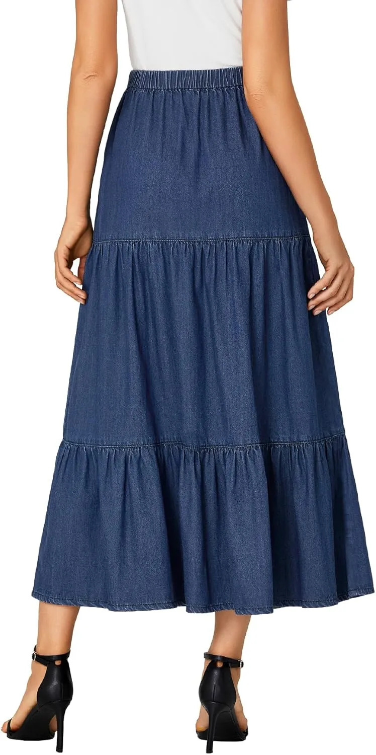 OPOIPIN Women's Elastic High Waist Tiered Ruffle A Line Swing Denim Long Skirt